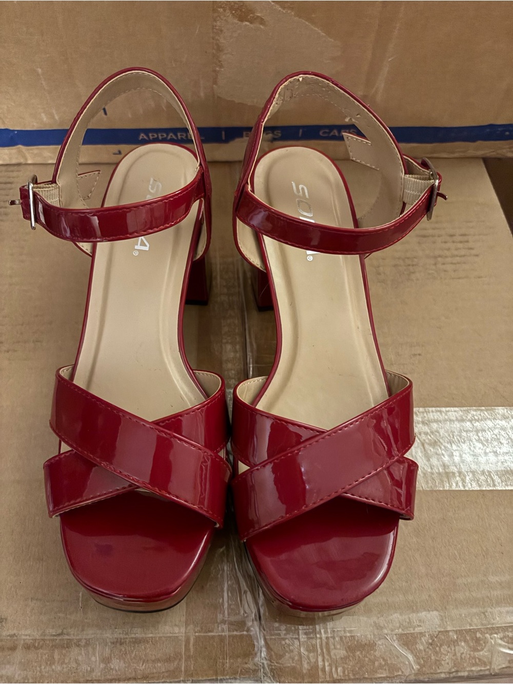 Red Patent Block Heel Sandals - Women's